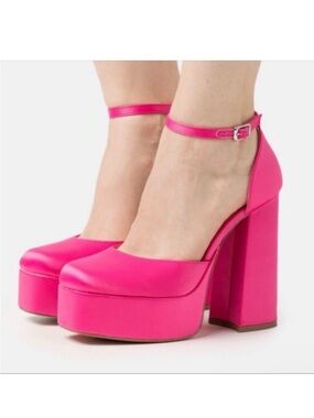 STEVE MADDEN TAMY PINK SATIN SQUARE-TOE BRATZ CUTE GOTH PLATFORM HEELS NEW Sz6.5